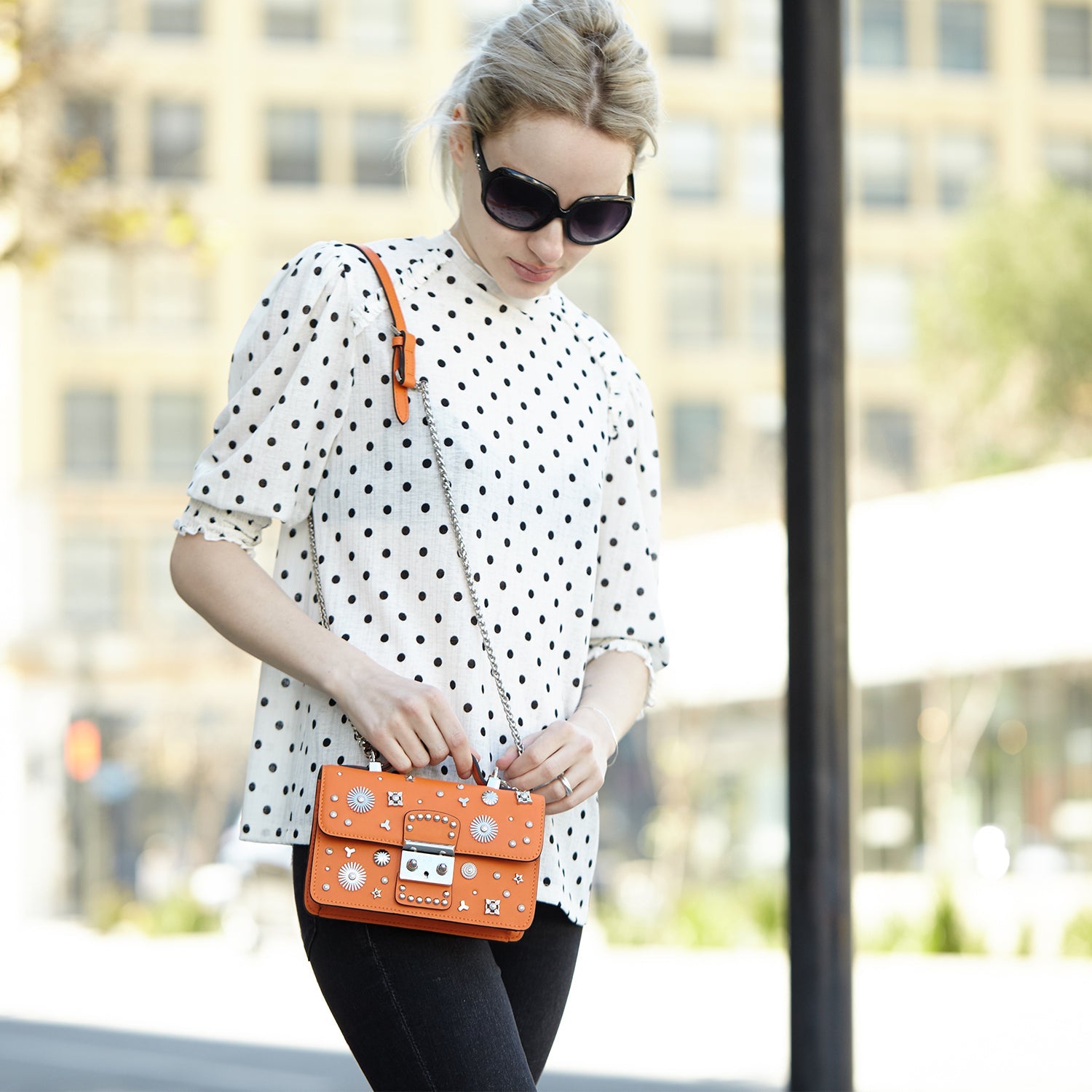 The Hollywood Studded Leather Crossbody Bag Orange