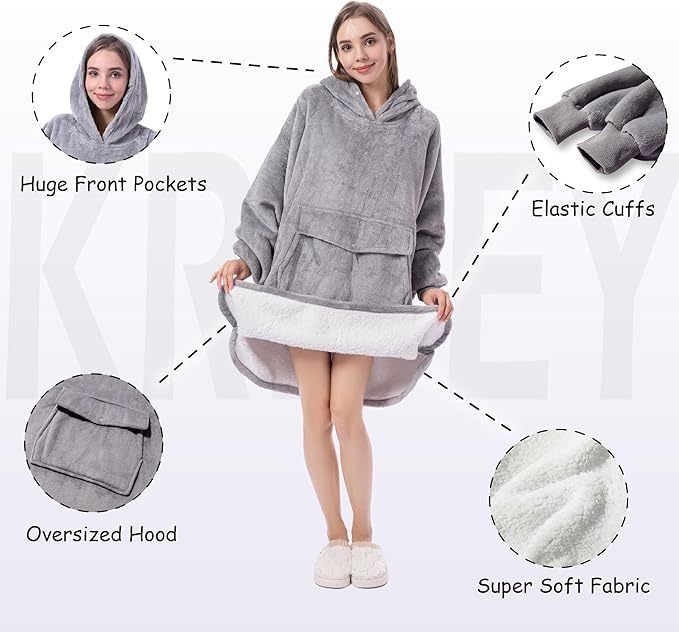 Krifey Wearable Blanket Hoodie, Oversized Sherpa Hooded As Birthday Gifts For Mom Women Girlfriend Men, Cozy Sweatshirt With Giant Pocket