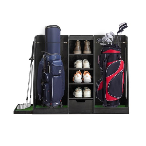 High Quality Wooden Golf Bag Rack With Drawers, Easy To Assemble Golf Club Holder Stand With Club Holders On Side