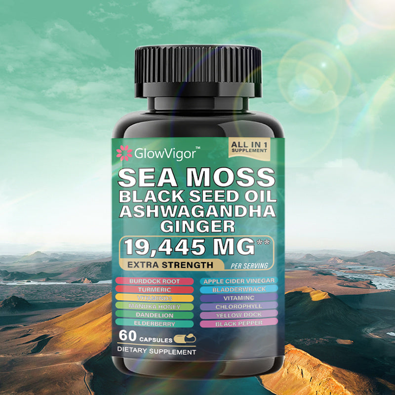 GlowVigor Sea Moss 7000mg Black Seed Oil 4000mg Ashwagandha 2000mg Turmeric 2000mg Bladderwrack 2000mg Burdock 2000mg & Ginger Vitamin C Vitamin D3