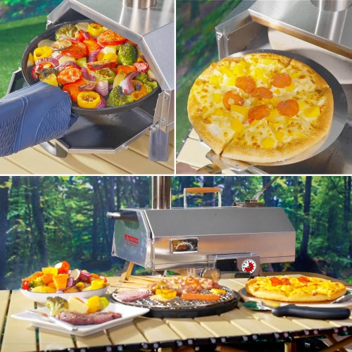 Stainless Steel Pizza Oven Outdoor 12 Automatic Rotatable Pizza Ovens,Portable Wood Fired Pizza Oven Pizza Maker With Timer, Built-in Thermometer,Pizza Cutter