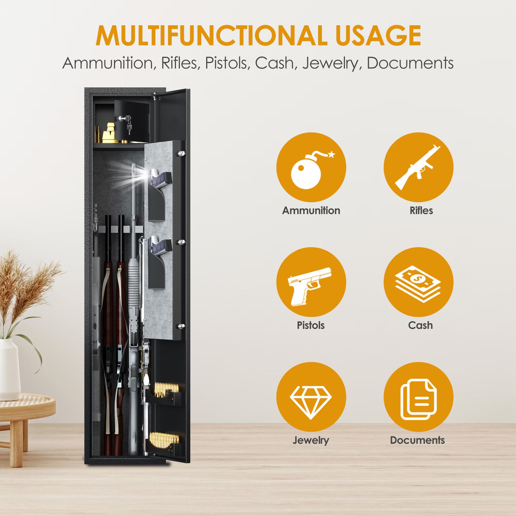 Home Rifle And Pistols Gun Safe With LED Light And Alarm System,Biometric Fingerprint Rifle Safe,Quick Access 4-5 Rifle,Long Gun Cabinet With Removable Shelf,Built-in Small Cabinet