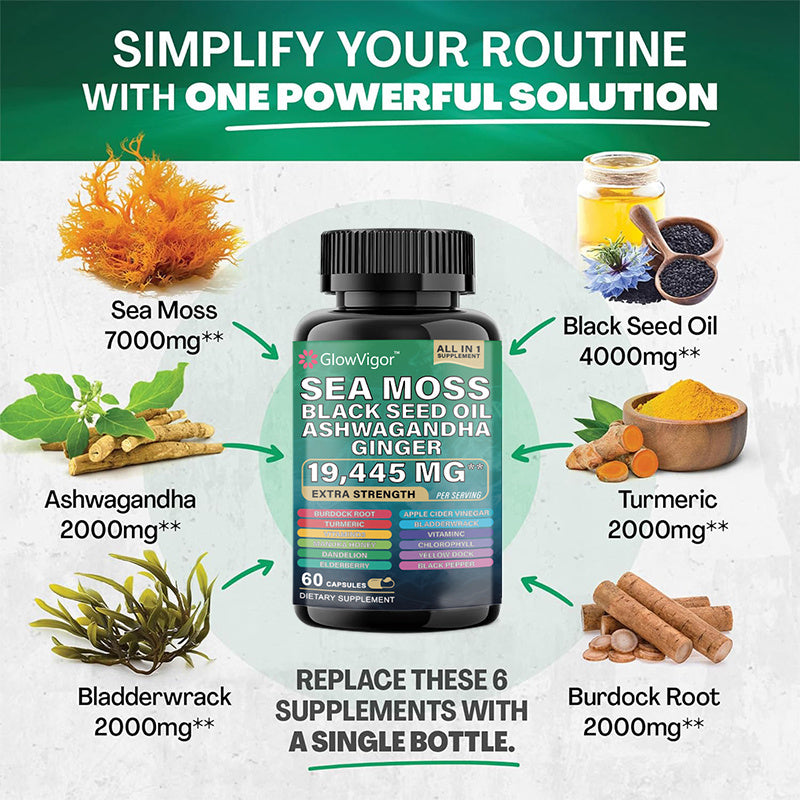 GlowVigor Sea Moss 7000mg Black Seed Oil 4000mg Ashwagandha 2000mg Turmeric 2000mg Bladderwrack 2000mg Burdock 2000mg & Ginger Vitamin C Vitamin D3