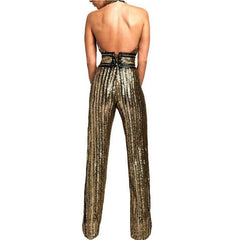 Gold Sequin Striped Jumpsuit - Celebrity Aura
