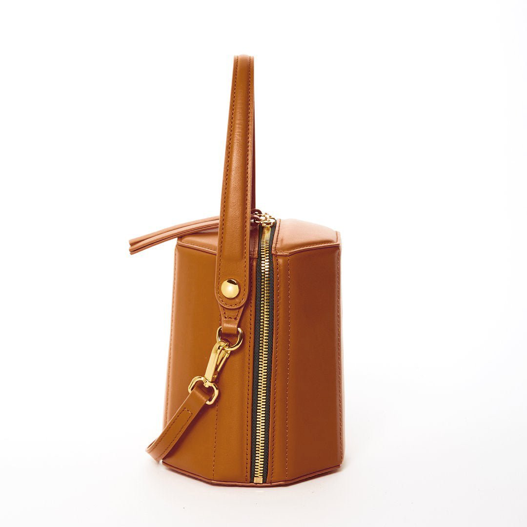 Harper Amber Brown Leather Bucket Bag - Celebrity Aura