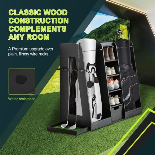 High Quality Wooden Golf Bag Rack With Drawers, Easy To Assemble Golf Club Holder Stand With Club Holders On Side - Celebrity Aura