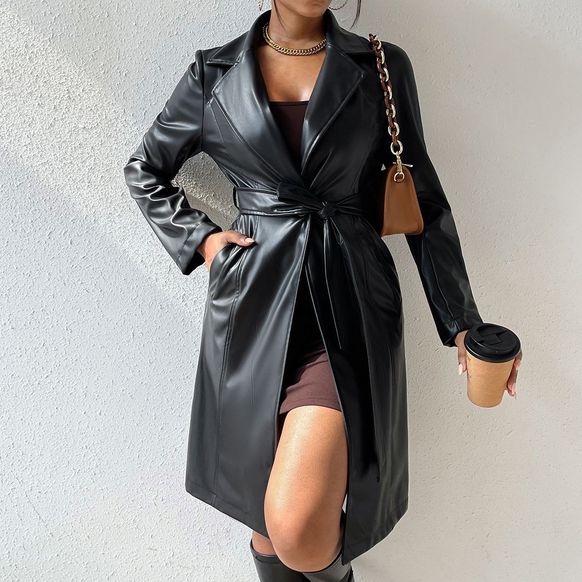 Long Sleeve Lapel PU Leather Jacket With Pockets Slim Fit Long Trench Coat Women's Clothing - Celebrity Aura