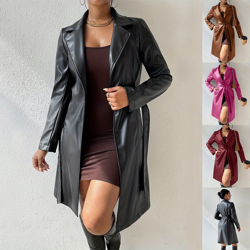 Long Sleeve Lapel PU Leather Jacket With Pockets Slim Fit Long Trench Coat Women's Clothing - Celebrity Aura