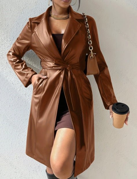 Long Sleeve Lapel PU Leather Jacket With Pockets Slim Fit Long Trench Coat Women's Clothing - Celebrity Aura