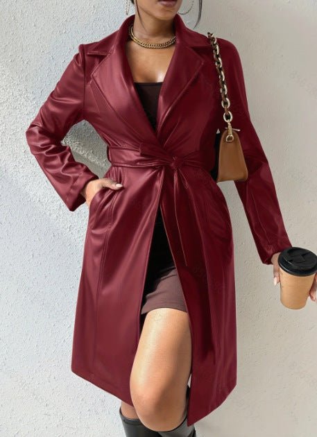 Long Sleeve Lapel PU Leather Jacket With Pockets Slim Fit Long Trench Coat Women's Clothing - Celebrity Aura