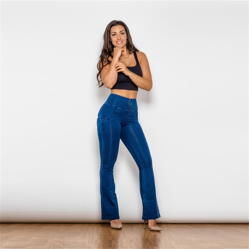 Women's High Waist Flared Dark Blue Stretch Jeans - Celebrity Aura