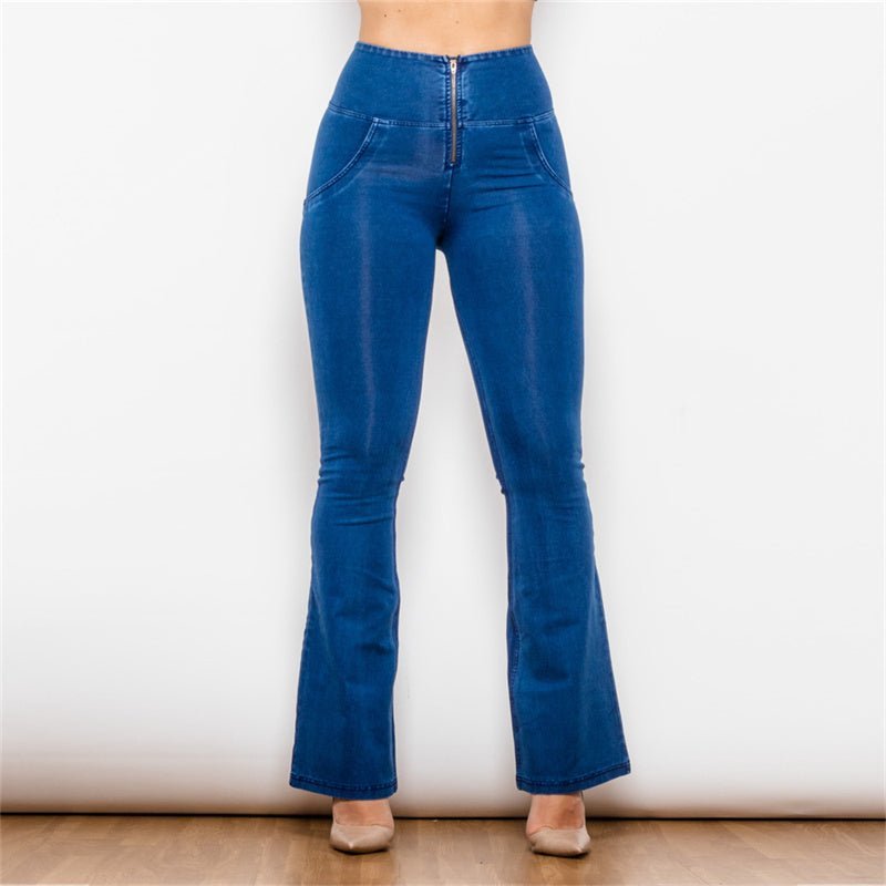 Women's High Waist Flared Dark Blue Stretch Jeans - Celebrity Aura